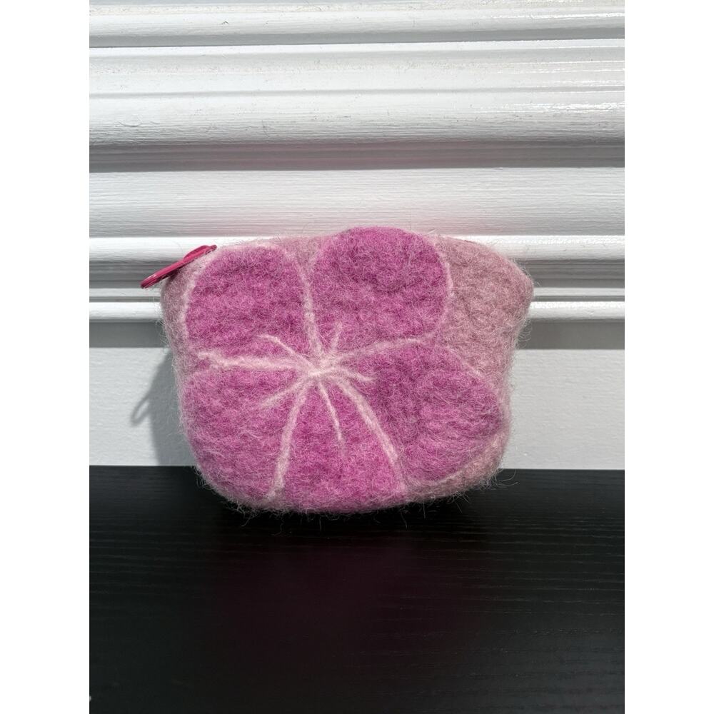 Vintage Women's Pink Flower Design 5" x 4" Wool Coin Purse w/ Lining & Zipper